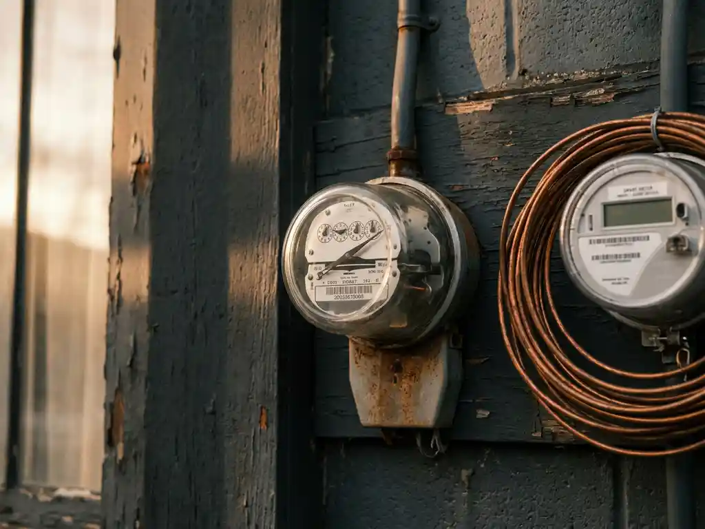 Analoge elektriciteitsmeter met stijgende naald naast een moderne slimme meter op verweerde muurbeugel, zachte bewolkt daglicht.