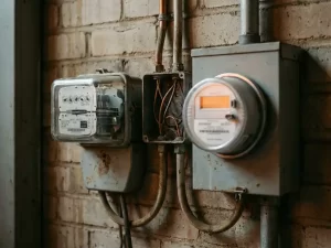 Verouderde analoge elektriciteitsmeter naast moderne slimme meter op bakstenen muur, koperbedrading zichtbaar, zacht digitaal schermgloed.