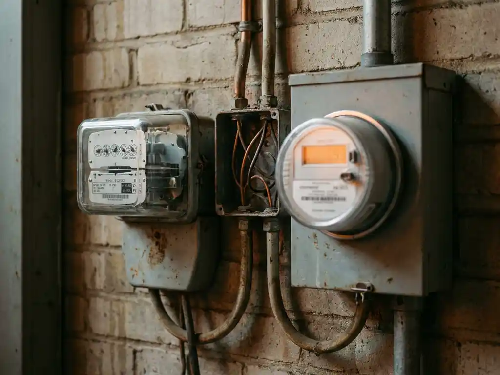 Verouderde analoge elektriciteitsmeter naast moderne slimme meter op bakstenen muur, koperbedrading zichtbaar, zacht digitaal schermgloed.
