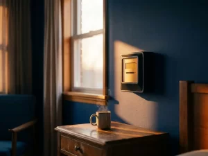 Digitale elektriciteitsmeter aan de muur in warm ochtendlicht, met een koffiemok op de achtergrond.