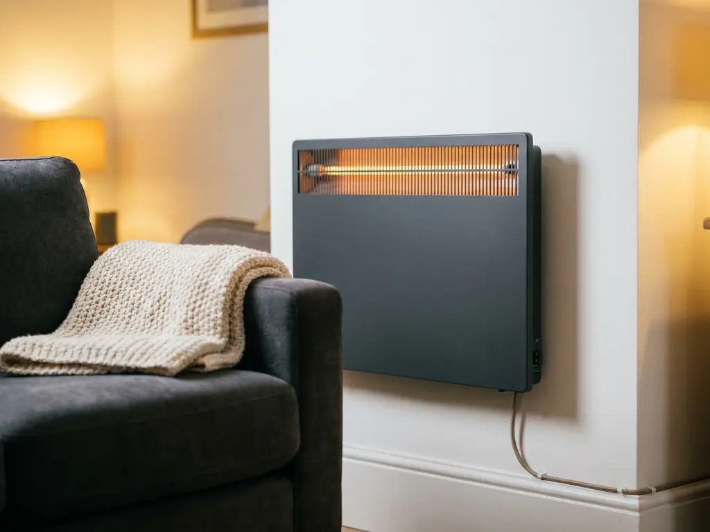Elektrische paneelverwarming op witte muur in woonkamer, met warme ambergloed, fauteuil en zachte plaid op de voorgrond.