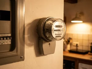 Huishoudelijke energiemeter met draaiende wijzerplaat op witte muur, naast een modern elektrisch paneel in warme keukenverlichting.