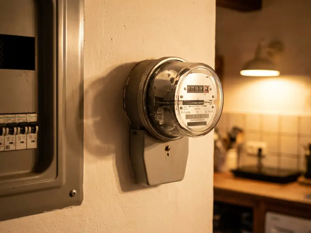 Huishoudelijke energiemeter met draaiende wijzerplaat op witte muur, naast een modern elektrisch paneel in warme keukenverlichting.