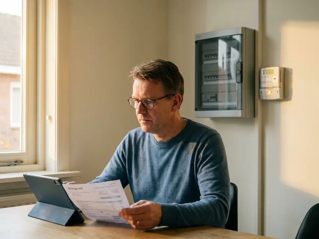 Nederlander bekijkt energierekening naast moderne meterkast en slimme meter aan witte muur, warm interieurlicht.