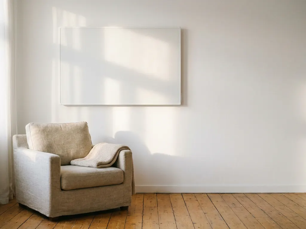 Infrarood verwarmingspaneel aan witte woonkamermuur, met fauteuil en houten vloer in warm ochtendlicht.
