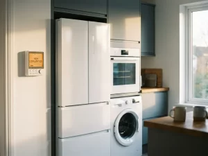 Moderne keuken met koelkast, wasmachine en oven naast een verlichte energiemeter die hoog verbruik toont.