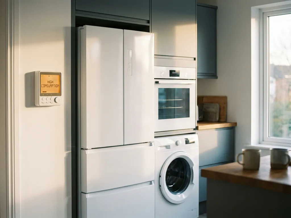 Moderne keuken met koelkast, wasmachine en oven naast een verlichte energiemeter die hoog verbruik toont.