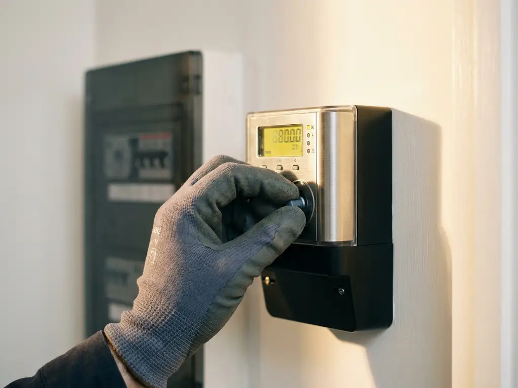 Gehandschoende elektricien die een slimme energiemeter instelt op witte muur, met consumentenunit op achtergrond.