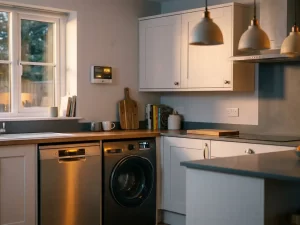 Moderne keuken in de avond met draaiende vaatwasser en wasmachine, slimme energiemeter aan de muur, warm amberkleurig raamlicht.