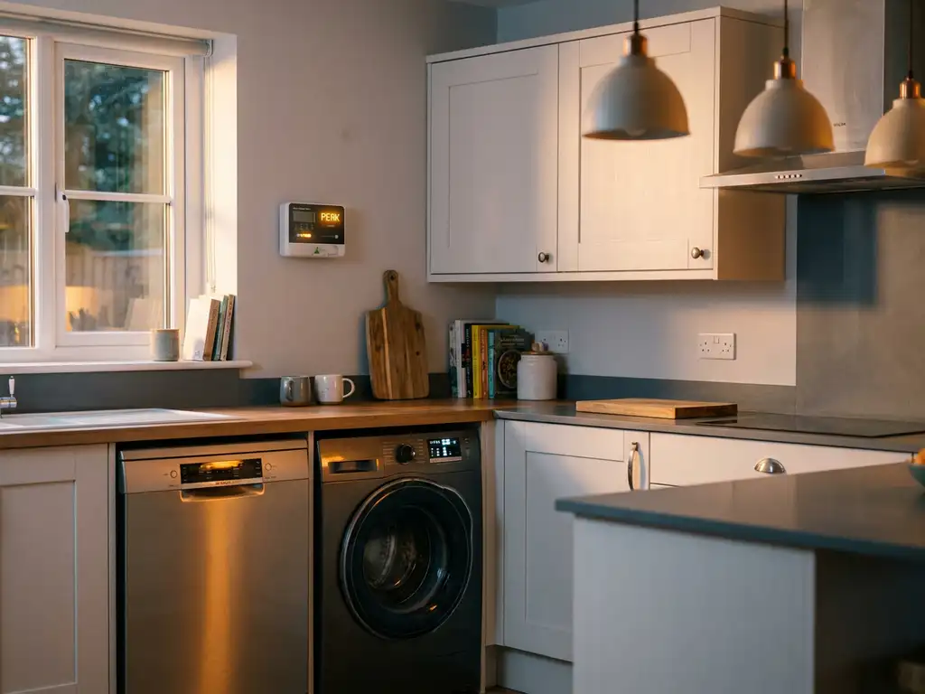 Moderne keuken in de avond met draaiende vaatwasser en wasmachine, slimme energiemeter aan de muur, warm amberkleurig raamlicht.
