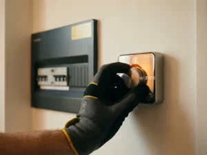 Elektricien met handschoen die een slimme thermostaat instelt op witte muur, consumenteneenheid zichtbaar op achtergrond.