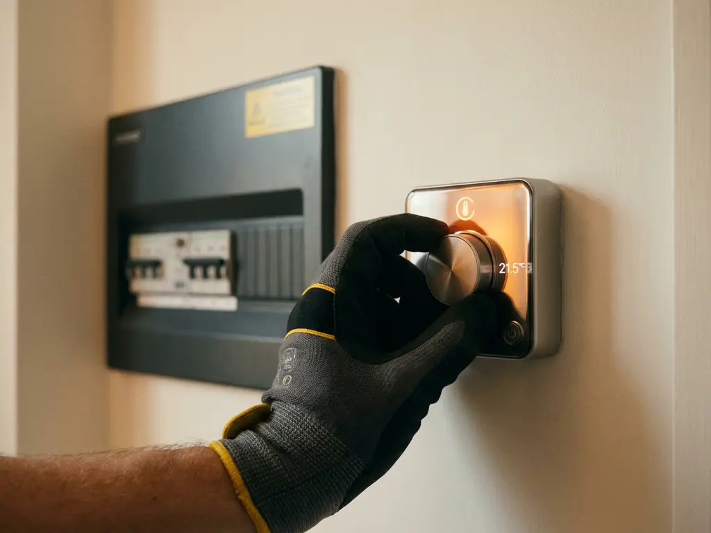 Elektricien met handschoen die een slimme thermostaat instelt op witte muur, consumenteneenheid zichtbaar op achtergrond.
