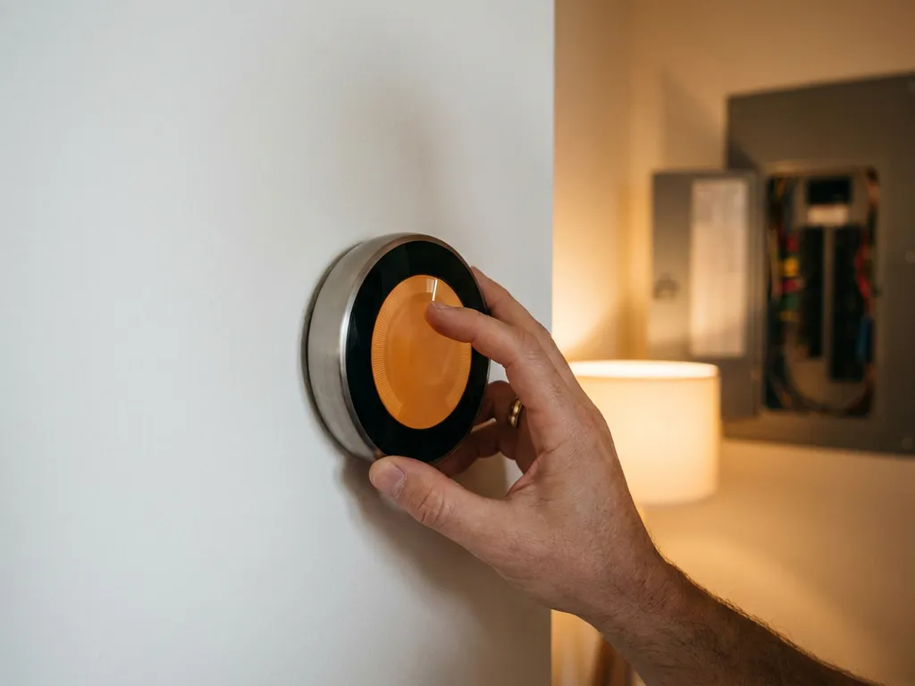 Huiseigenaar die een moderne slimme thermostaat op witte muur instelt, met zachte amberkleurige binnenverlichting op de achtergrond.