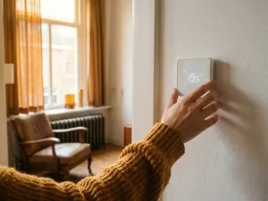 Hand die thermostaat lager instelt in Nederlandse woonkamer met radiator op de achtergrond, warm amberkleurig middaglicht.