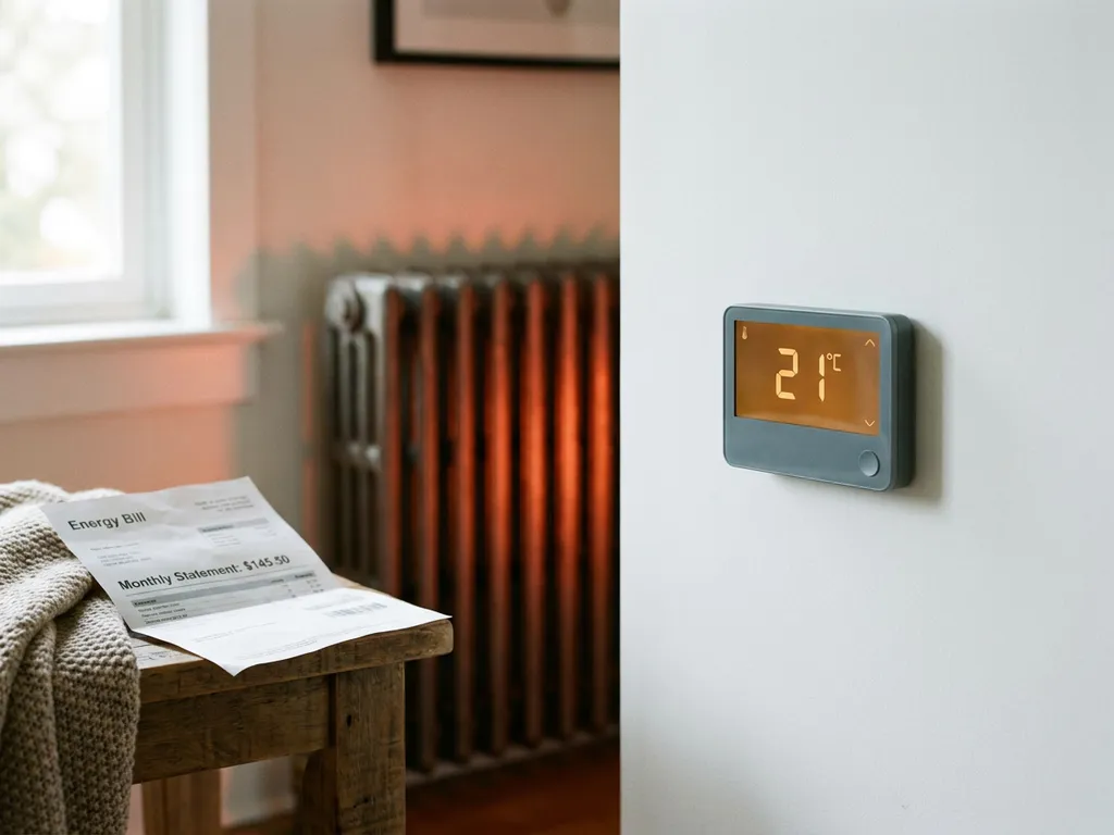 Digitale thermostaat op witte muur met gloeiende woonkamerradiator en energierekening op houten bijzettafel op de achtergrond.