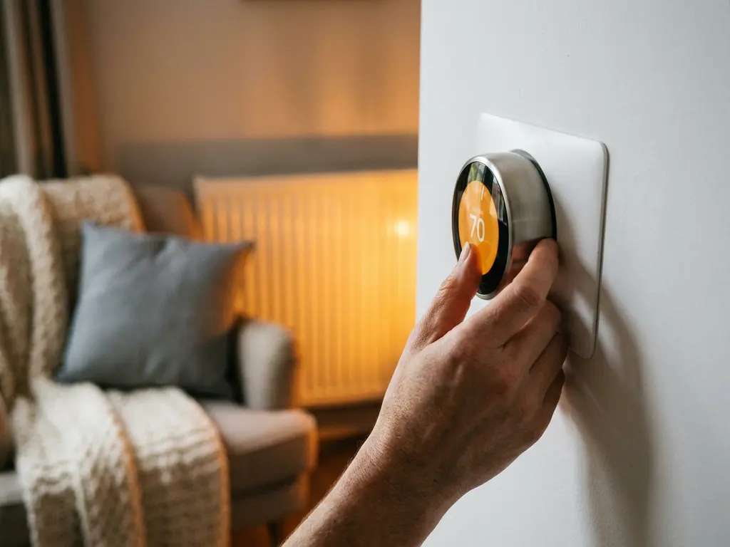 Hand die een thermostaat bijstelt op witte muur, met een gloeiende radiator op de achtergrond in warme ambertinten.