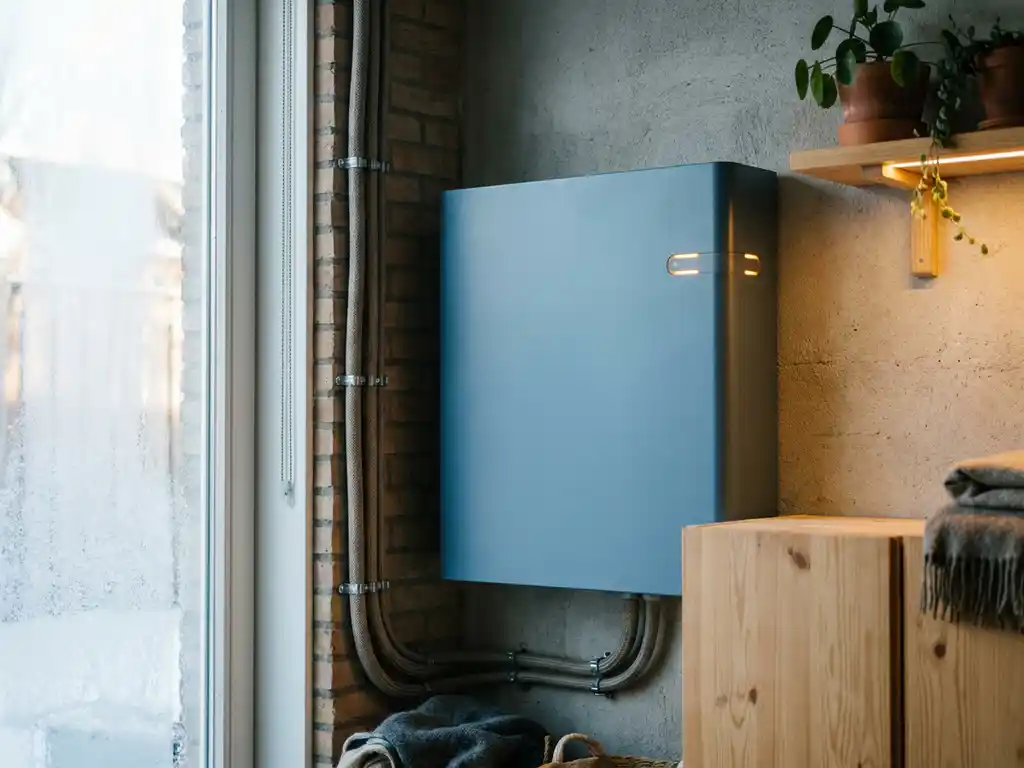 Wandgemonteerde thuisbatterij in Nederlandse meterkast, bevroren raam op de achtergrond met winters daglicht, kabels netjes langs de muur.