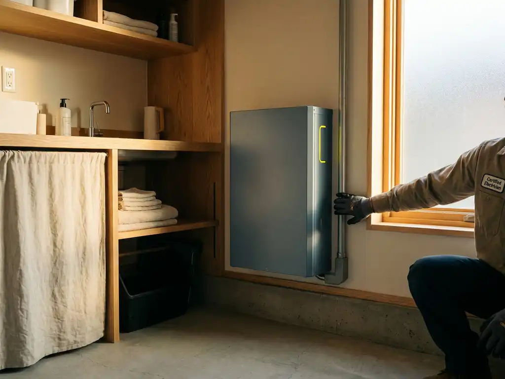 Thuisbatterij gemonteerd op muurwand in moderne technische ruimte, elektricien plaatst hand bij installatie in warm natuurlijk licht.