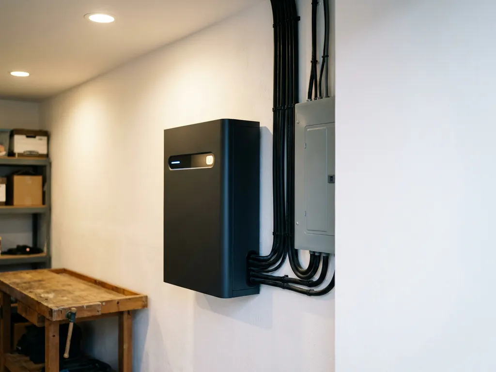 Wandgemonteerde thuisbatterij in moderne Nederlandse meterkast, elektrische kabels netjes aangesloten op grijs zekeringkast.