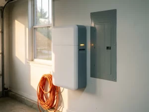 Thuisbatterij gemonteerd op witte garagemuur naast modern elektrisch paneel, met oranje installatiekabel en warm middagzonlicht.