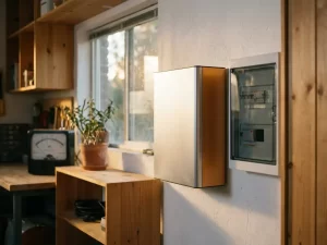 Thuisbatterij gemonteerd op witte garagemuur naast modern elektriciteitspaneel, met zachte middagzon en energiemeter op achtergrond.