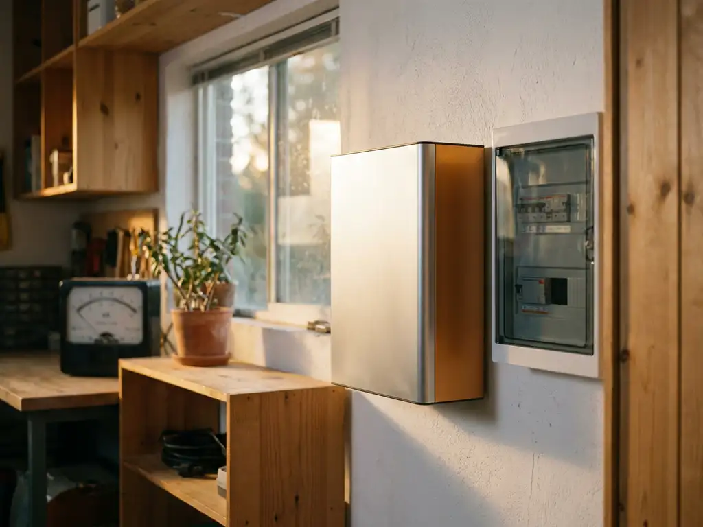 Thuisbatterij gemonteerd op witte garagemuur naast modern elektriciteitspaneel, met zachte middagzon en energiemeter op achtergrond.