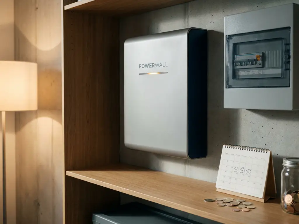 Thuisbatterij gemonteerd op garagemuur naast elektrische meterkast, met kalender en euromunten op plank die terugverdientijd symboliseren.