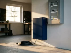 Thuisbatterij gemonteerd op garagemuur naast elektrische meterkast, met warm middagzonlicht en opgerolde kabel op betonvloer.