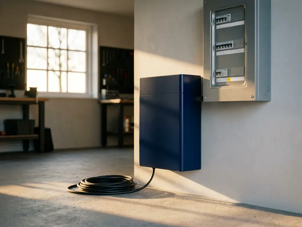 Thuisbatterij gemonteerd op garagemuur naast elektrische meterkast, met warm middagzonlicht en opgerolde kabel op betonvloer.