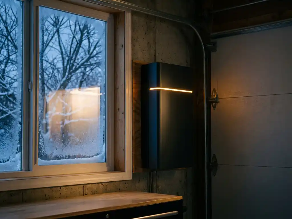 Thuisbatterij op garagemuur naast berijpt raam, warm amberkleurig licht tegen donkere winteravond met kale bomen.