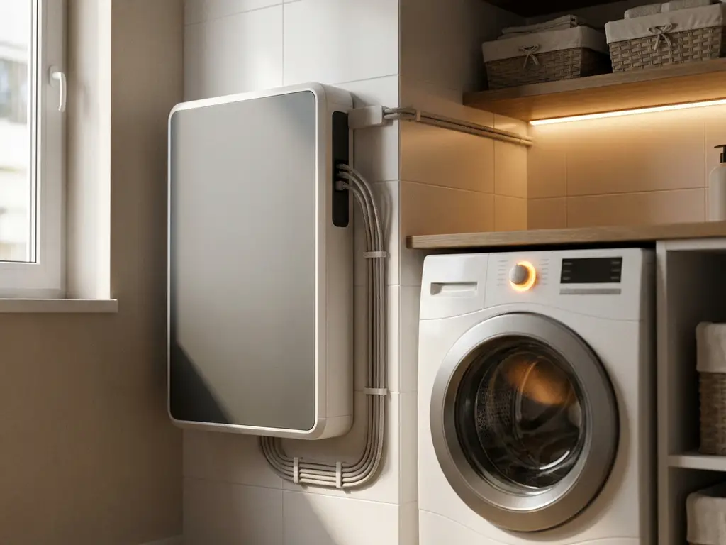 Thuisbatterij op wasruimtemuur naast draaiende wasmachine, netjes aangesloten kabels, warm sfeerlicht in witte en grijze tinten.