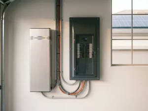 Thuisbatterij gemonteerd op witte garagemuur naast elektrische meterkast, met zichtbare zonnepanelen door raam op achtergrond.