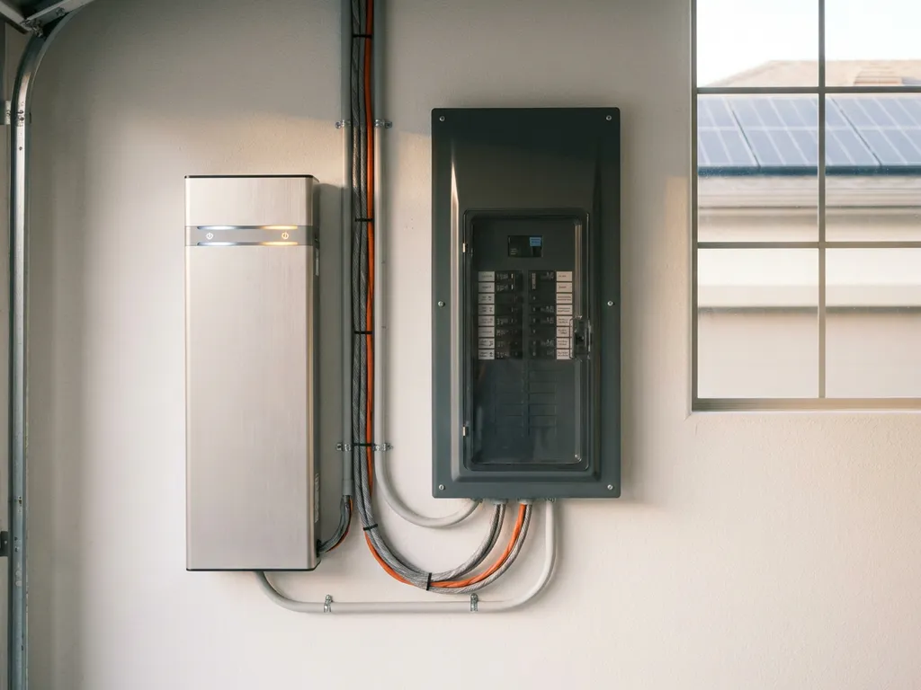 Thuisbatterij gemonteerd op witte garagemuur naast elektrische meterkast, met zichtbare zonnepanelen door raam op achtergrond.