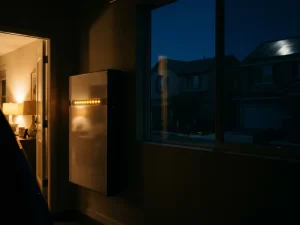 Thuisbatterij met oranje indicatielampjes gemonteerd op garagemuur tijdens stroomstoring, zonnepanelen zichtbaar op dak, omliggende huizen donker.
