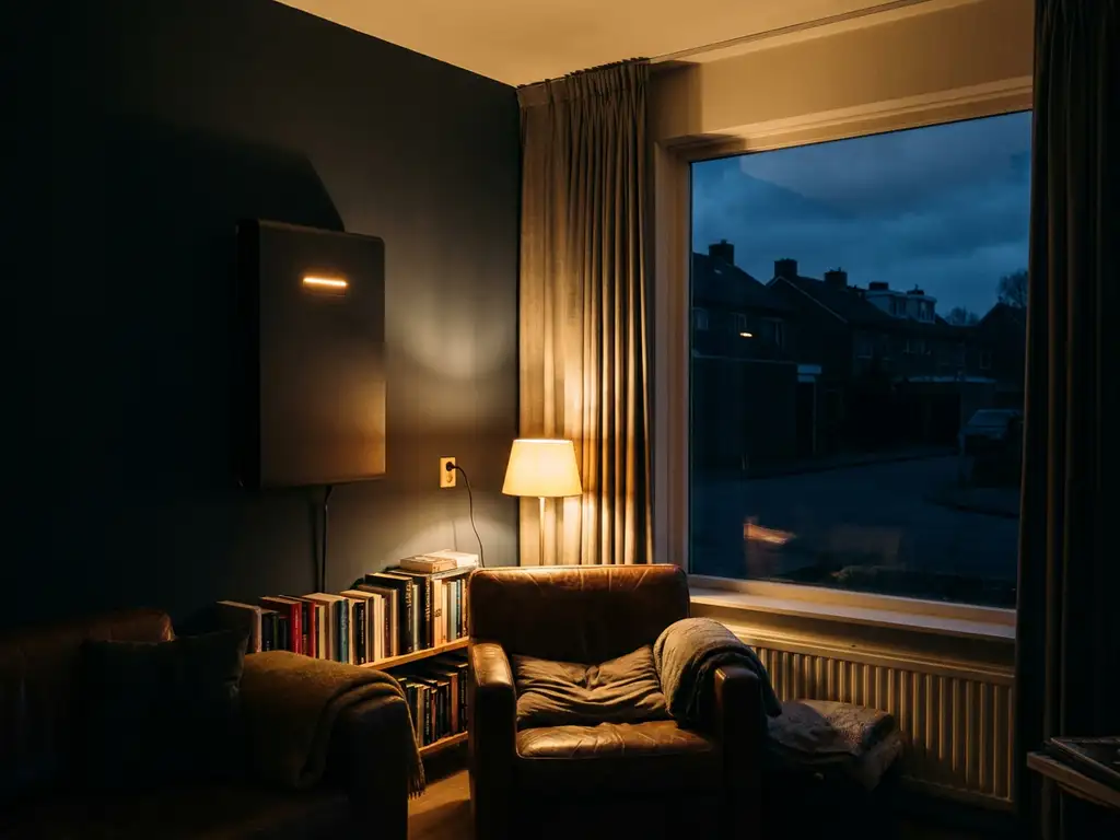 Wandgemonteerde thuisbatterij verlicht een gezellige Nederlandse woonkamer tijdens stroomuitval, terwijl de buurt buiten in duisternis gehuld is.