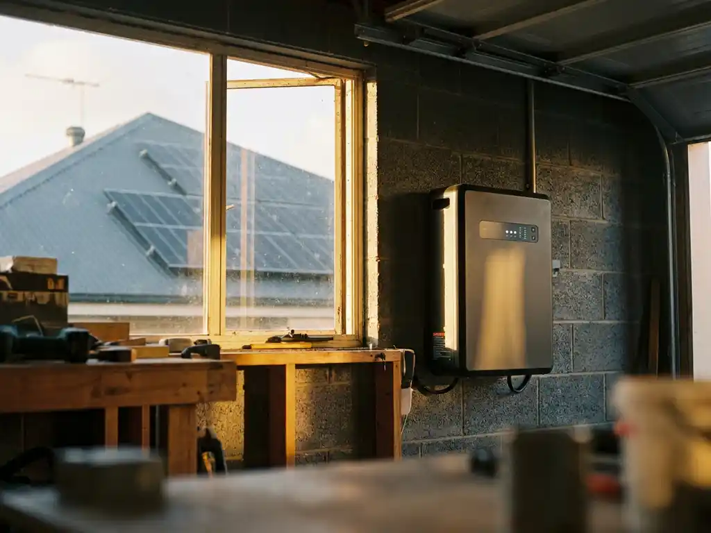 Zwarte thuisbatterij gemonteerd op garagemuur, met zonnepanelen op het dak zichtbaar door een raam in warm middaglicht.