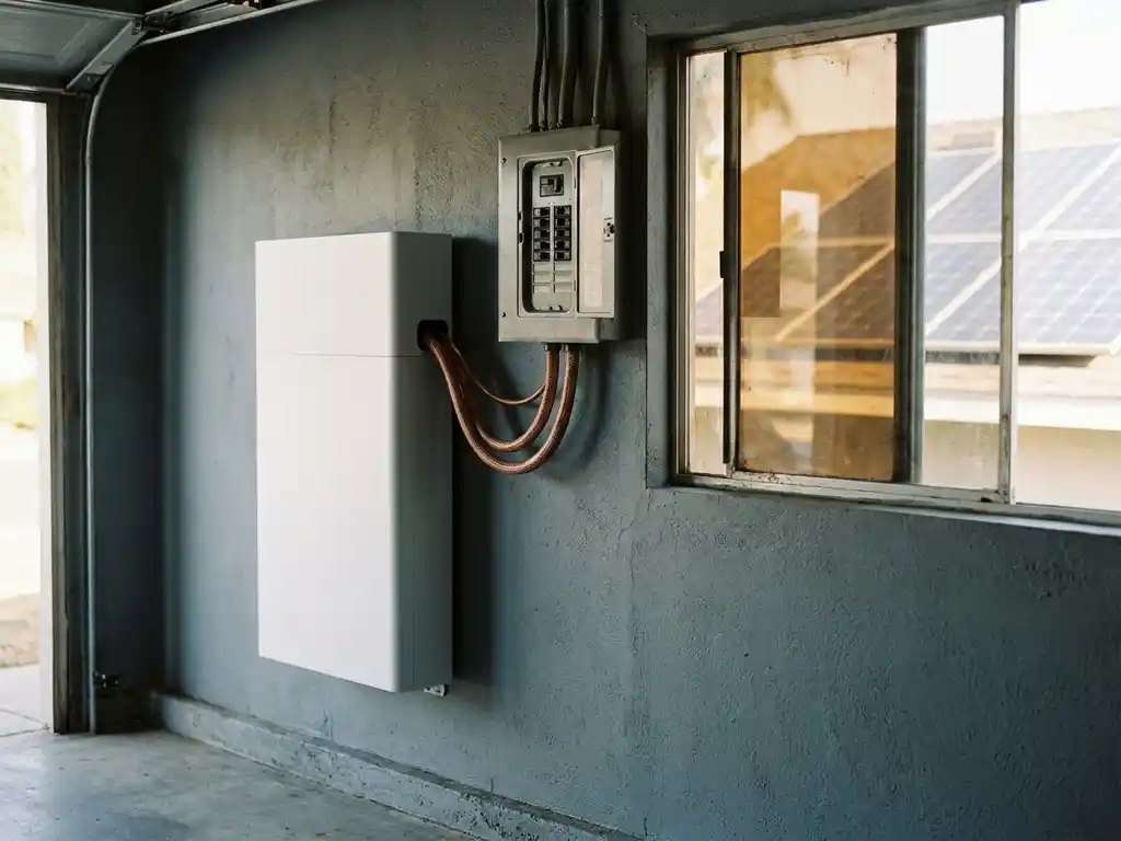Witte thuisbatterij gemonteerd naast zekeringkast in garage, verbonden met koperen kabels, zonnepanelen zichtbaar door raam.