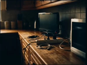 Televisie, telefoonoplader en magnetron aangesloten op een stekkerdoos op een houten aanrecht, met zachtgloeiende controlelampjes in een schemerige kamer.