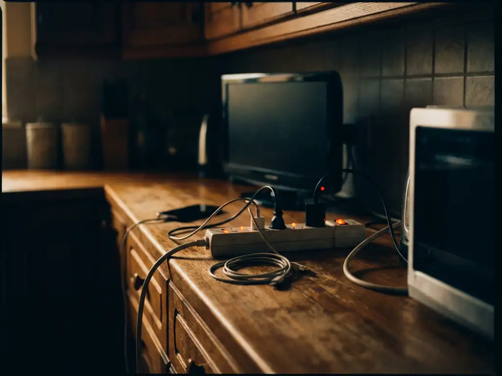 Televisie, telefoonoplader en magnetron aangesloten op een stekkerdoos op een houten aanrecht, met zachtgloeiende controlelampjes in een schemerige kamer.