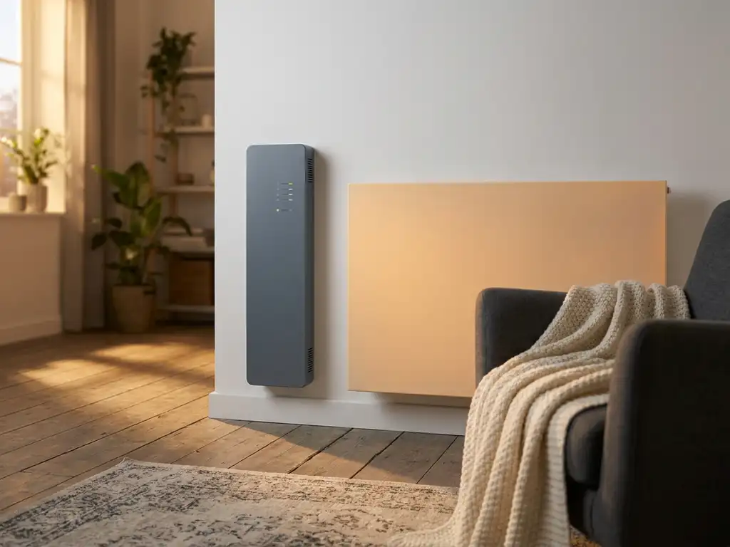 Moderne woonkamer radiator naast elektrisch paneel op witte muur, gezellige gebreide deken op stoel, warm goudkleurig licht op houten vloer.