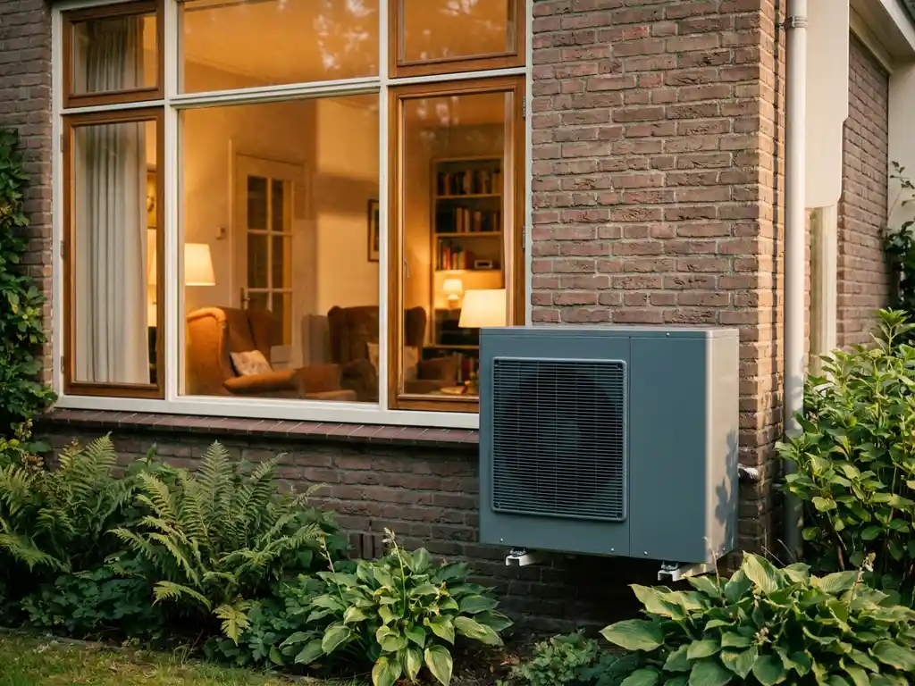 Warmtepomp aan bakstenen gevel van Nederlandse woning, omgeven door groene planten, met gezellig verlichte woonkamer op de achtergrond.