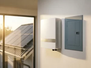 Witte zonne-omvormer naast moderne zekeringkast, met tien zonnepanelen zichtbaar door een zonnig raam op de achtergrond.