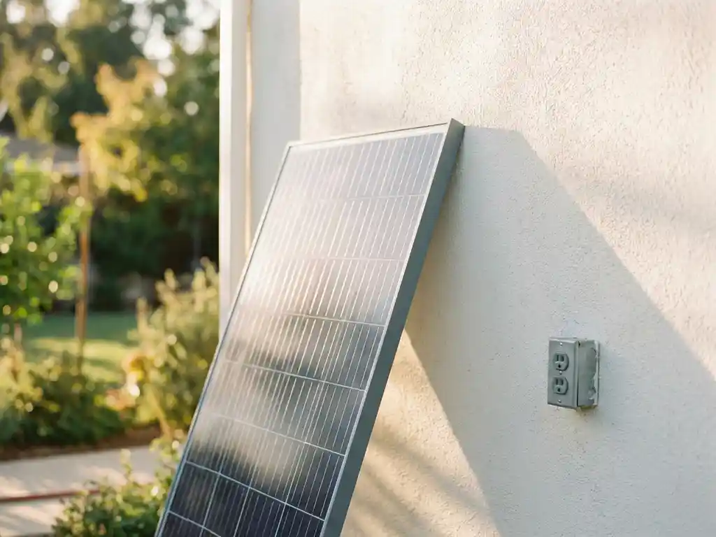 Zonnepaneel leunend tegen witte buitenmuur naast stopcontact, met groene tuin op de achtergrond in zacht bokeh.