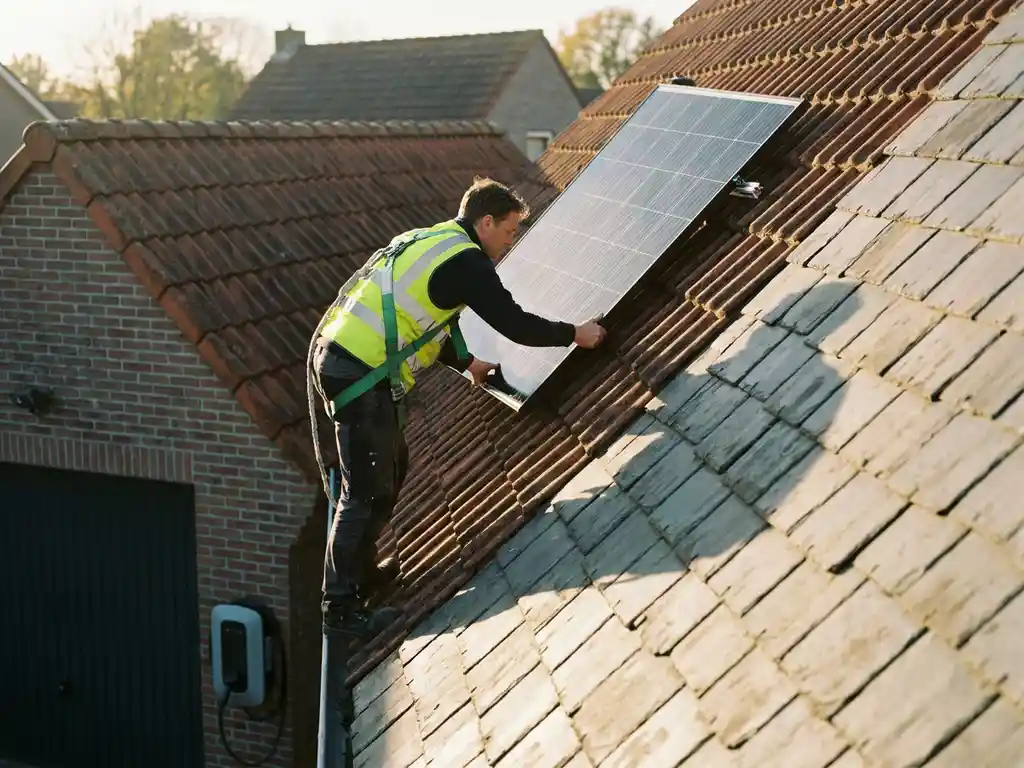 Technicus met veiligheidsharnas monteert zonnepaneel op Nederlands woonhuis met terracotta dakpannen en EV-laadpunt bij garage.