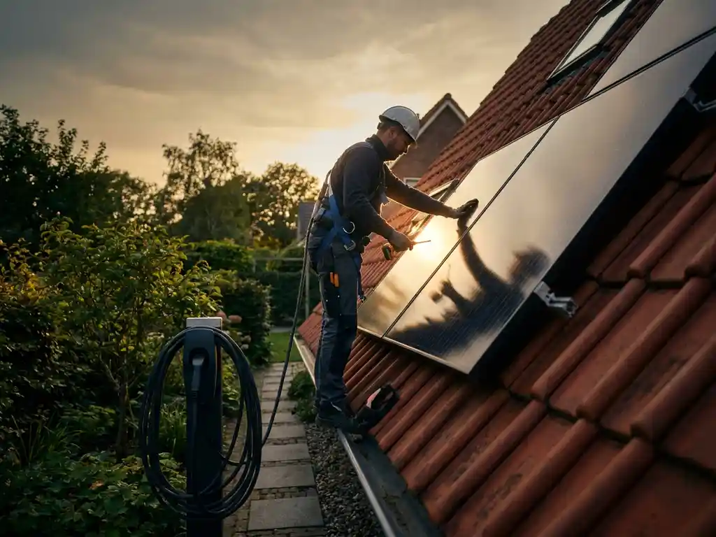 Elektricien installeert zonnepaneel op Nederlands woonhuis, met gouden middagzon, EV-laadkabel op oprit en groene tuin op achtergrond.