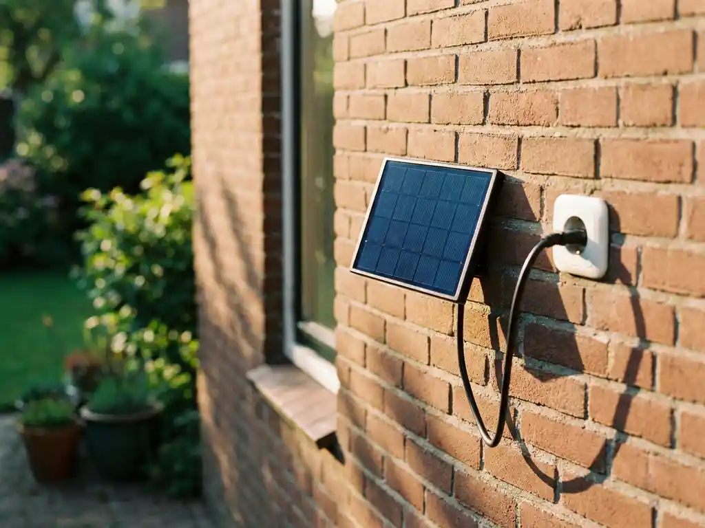 Plug-in zonnepaneel bevestigd aan bakstenen gevel, met kabel in witte wandcontactdoos en groene tuin op achtergrond.