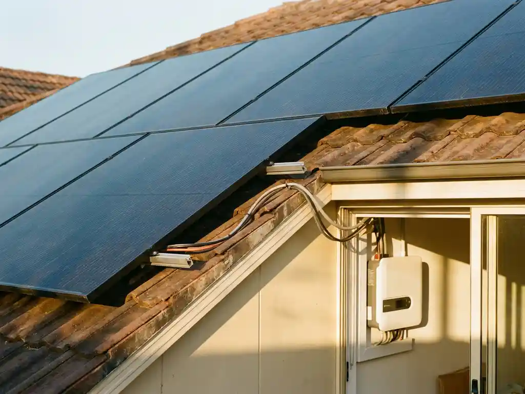 Zonnepanelen op woonhuisdak met zichtbare bedrading naar moderne zekeringkast, warm Nederlands middaglicht op leisteen tinten.
