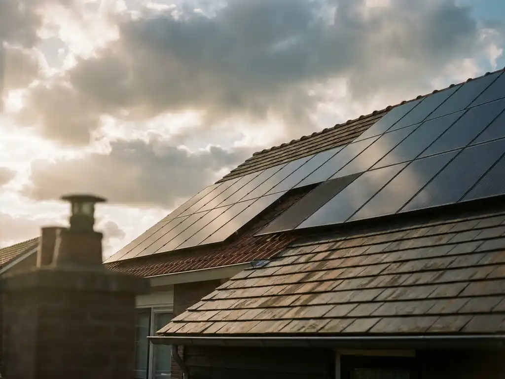 Zwarte zonnepanelen op een woonhuis onder bewolkte Nederlandse lucht, één paneel donkerder in middagzon met lange schaduwen op de dakpannen.