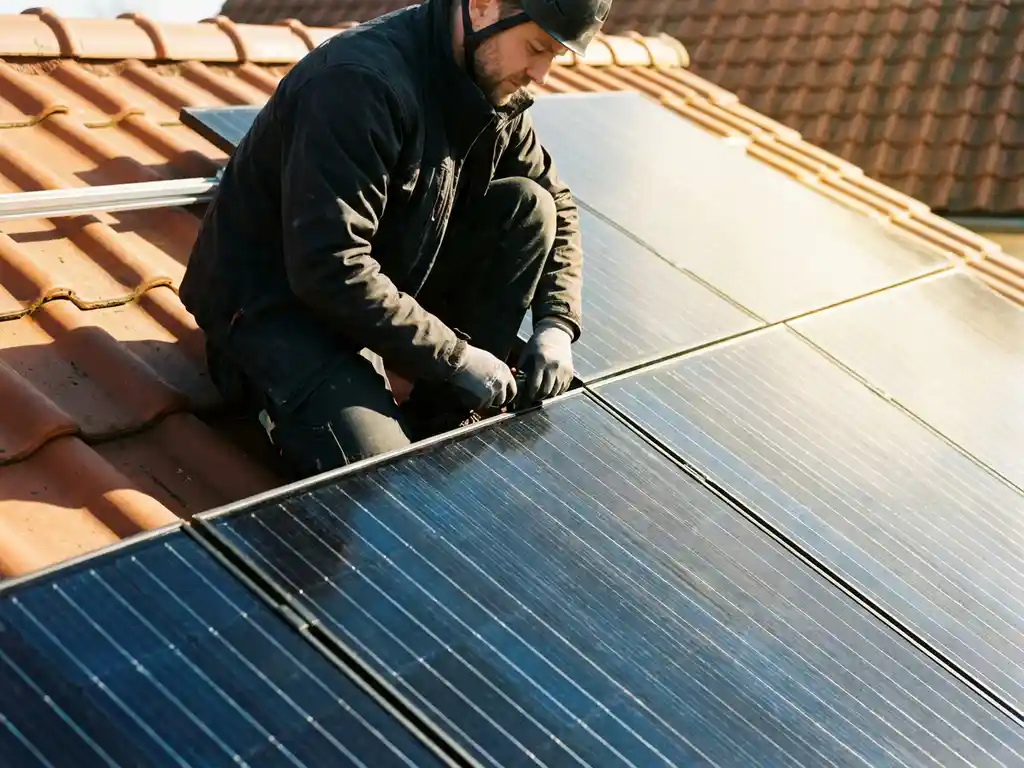 Elektricien inspecteert zonnepanelen op woning met terracotta dakpannen in fel middagzonlicht.