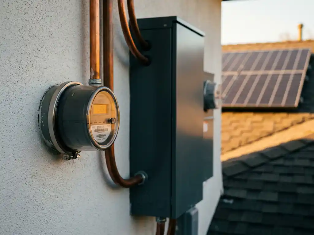 Zonnepanelen op woonhuis dak in middagzon, met digitale energiemeter op witte muur en koperen bedrading op achtergrond.